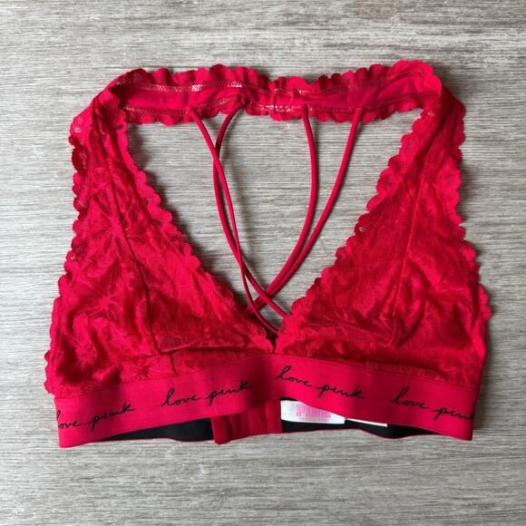 Victoria's Secret Red Lace Bralette Bra Love Pink Medium - Picture 1 of 5